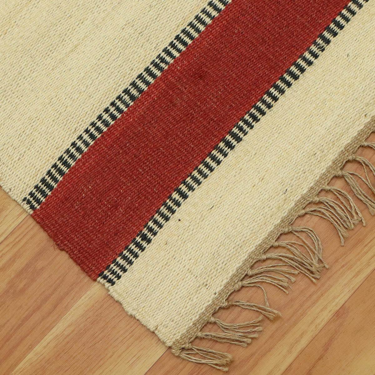 Beige Maroon Hand Woven Geometric Interior Decor Wool Jute Rug - Indian Rug Store