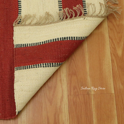 Beige Maroon Hand Woven Geometric Interior Decor Wool Jute Rug