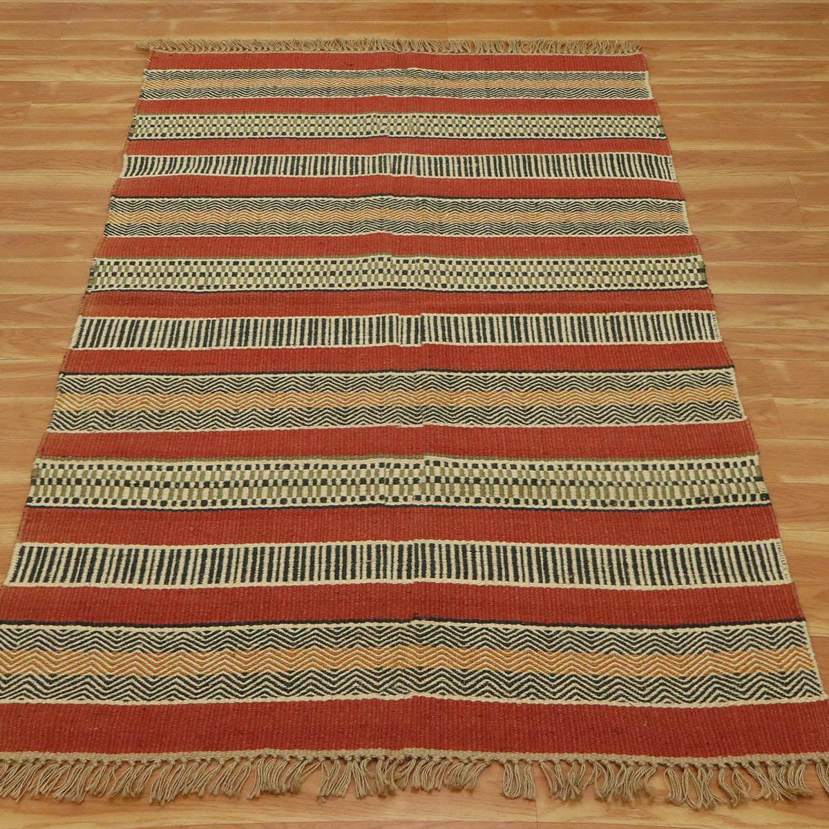 Multicolor Red Hand Woven Out House Decor Geometric Wool Jute Rug - Indian Rug Store