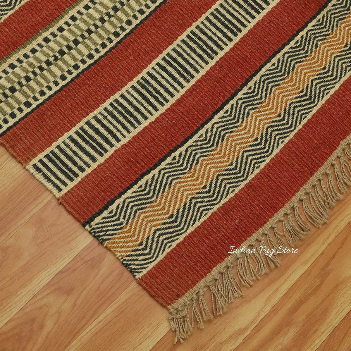 Multicolor Red Hand Woven Out House Decor Geometric Wool Jute Rug