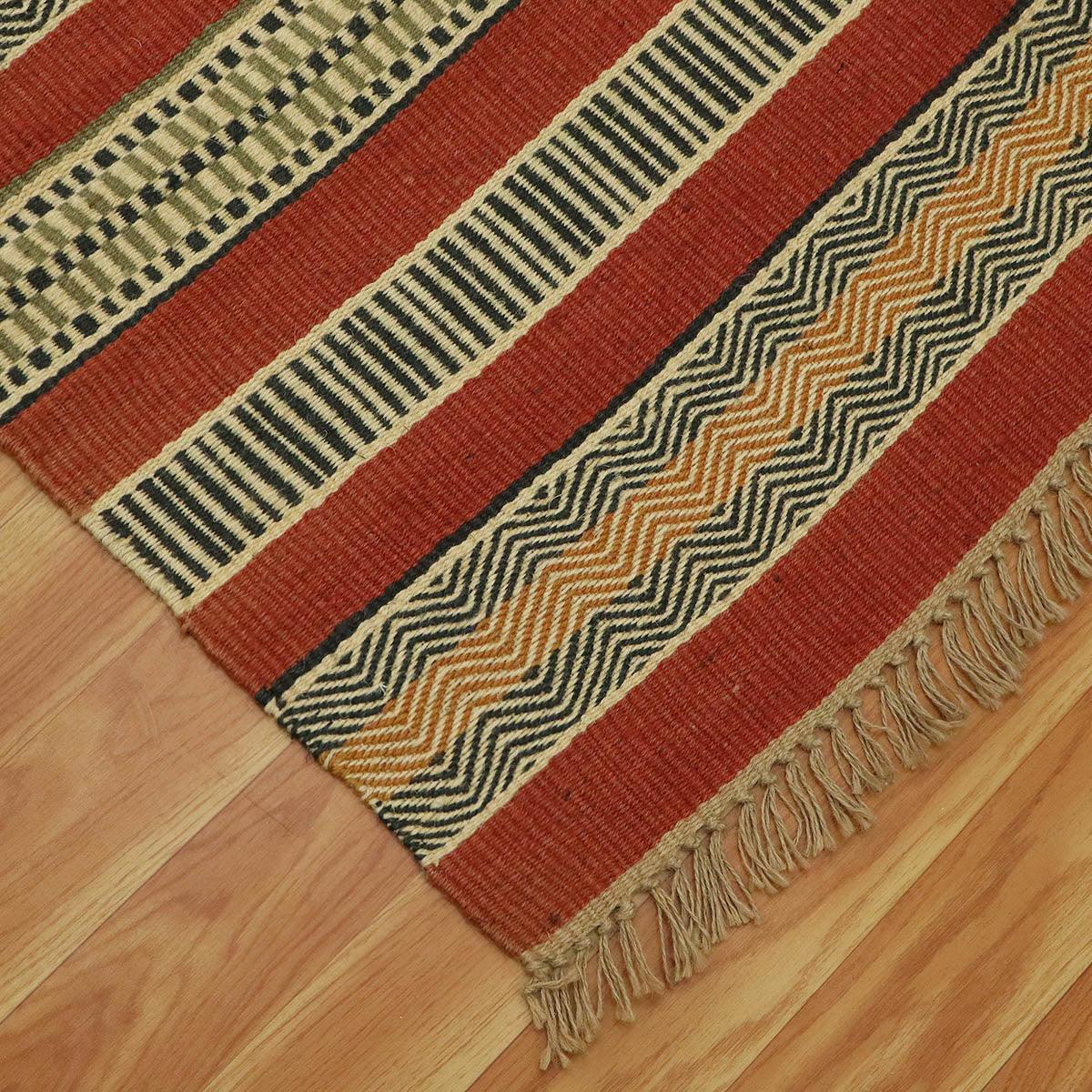 Multicolor Red Hand Woven Out House Decor Geometric Wool Jute Rug - Indian Rug Store