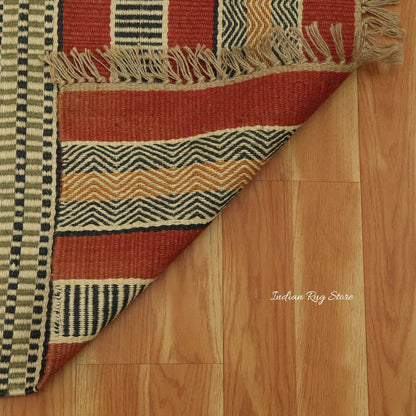 Multicolor Red Hand Woven Out House Decor Geometric Wool Jute Rug