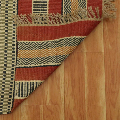 Multicolor Red Hand Woven Out House Decor Geometric Wool Jute Rug - Indian Rug Store