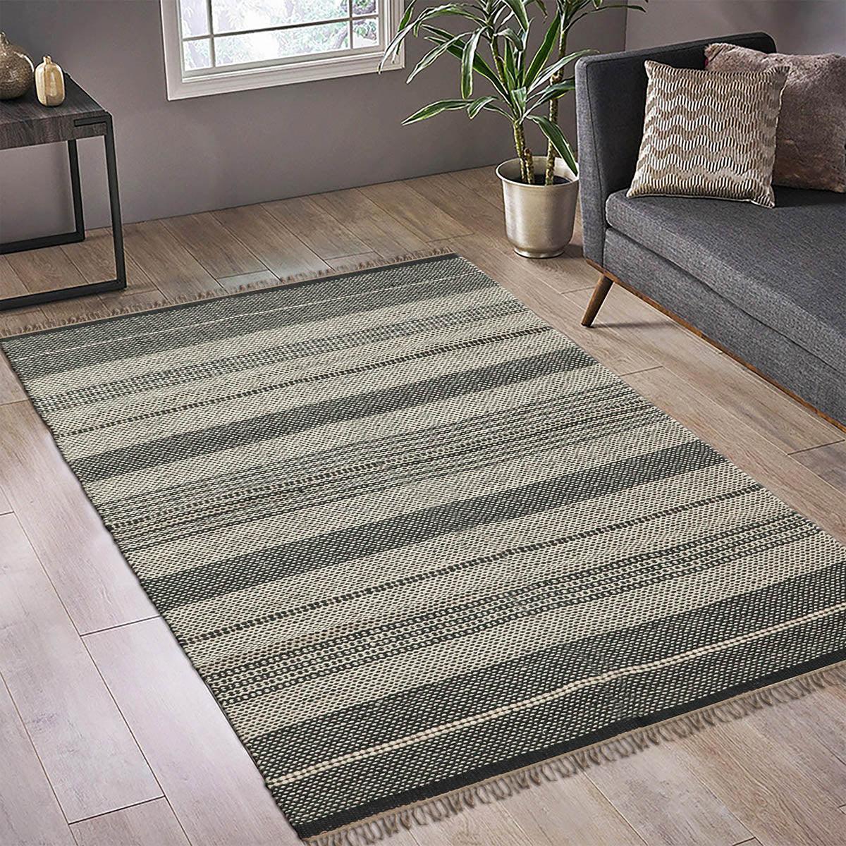 Oriental Hand Woven Geometric Black Beige Bedroom Decor Wool Jute Rug