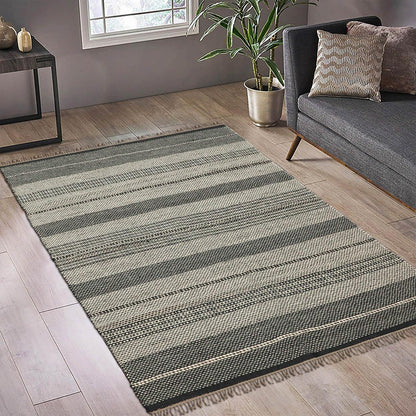 Oriental Hand Woven Geometric Black Beige Bedroom Decor Wool Jute Rug