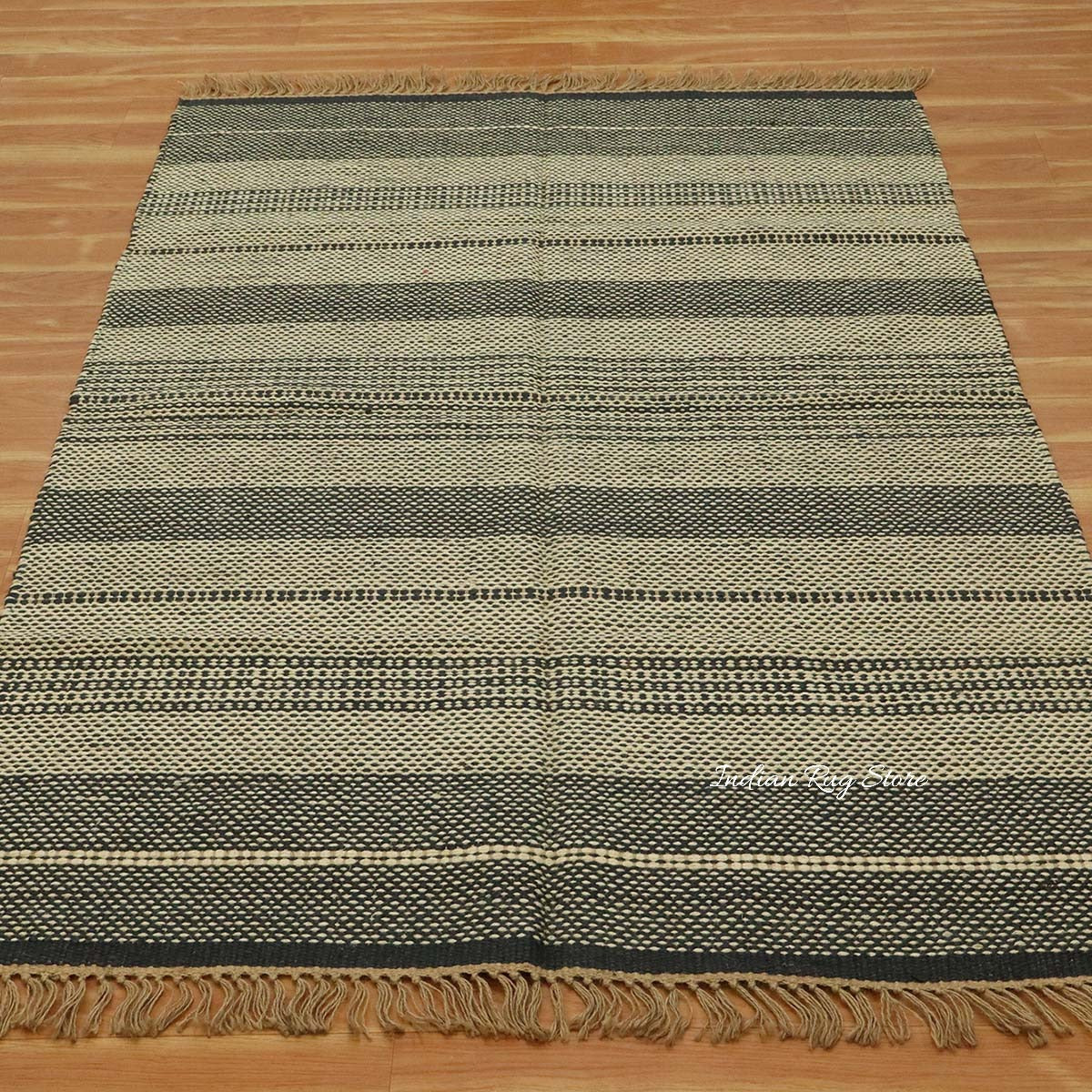 Oriental Hand Woven Geometric Black Beige Bedroom Decor Wool Jute Rug