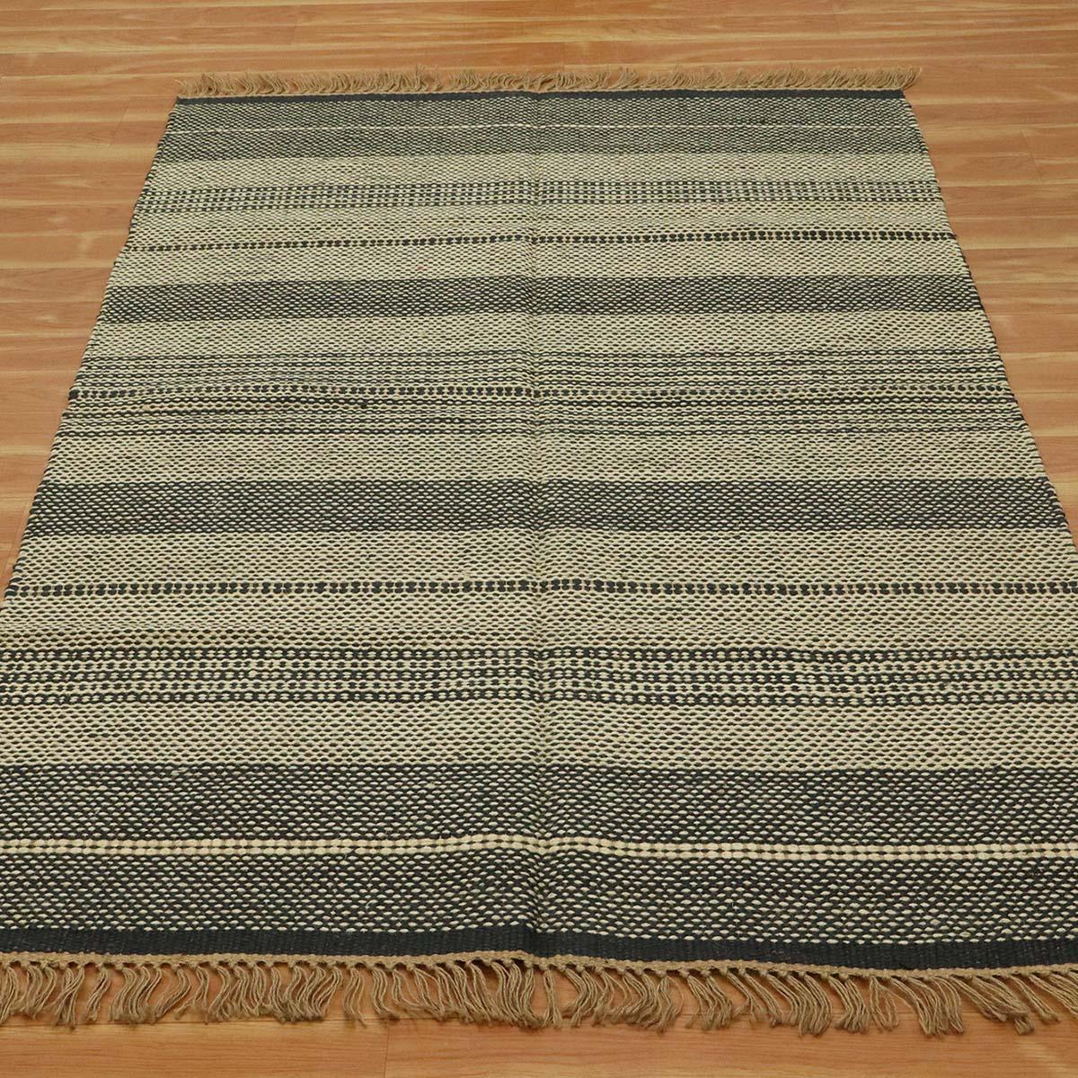 Oriental Hand Woven Geometric Black Beige Bedroom Decor Wool Jute Rug