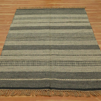 Oriental Hand Woven Geometric Black Beige Bedroom Decor Wool Jute Rug