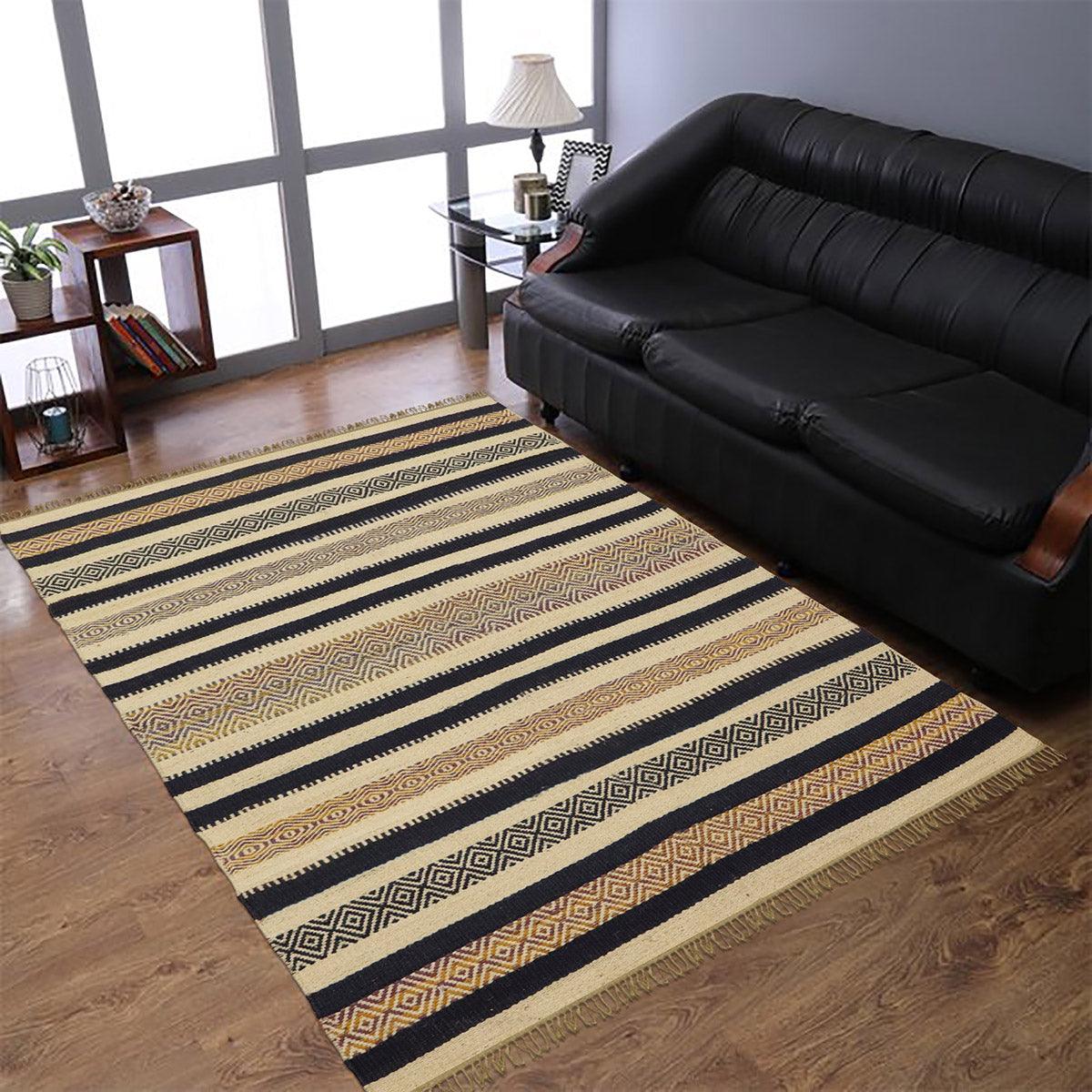 Attractive Hand Woven Geometric Black Beige Interior Wool Jute Rug