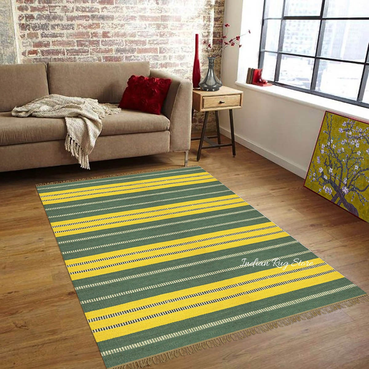 Alfombra de yute y lana para exteriores, tejida a mano, con motivos geométricos tradicionales, de color amarillo y verde