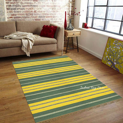 Alfombra de yute y lana para exteriores, tejida a mano, con motivos geométricos tradicionales, de color amarillo y verde