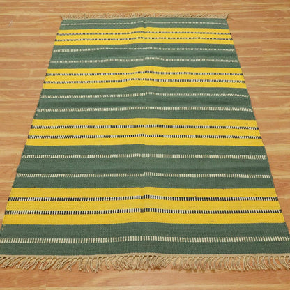 Hand Woven Traditional Geometric Yellow Green Outdoor Wool Jute Rug