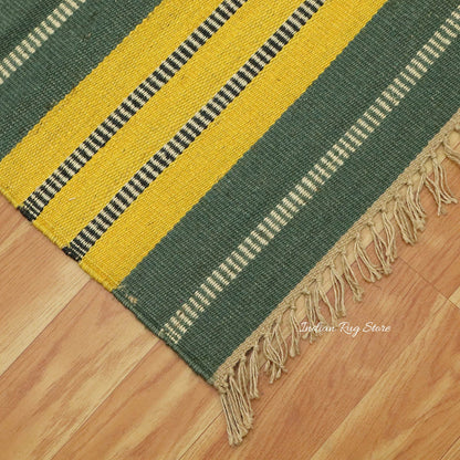 Alfombra de yute y lana para exteriores, tejida a mano, con motivos geométricos tradicionales, de color amarillo y verde