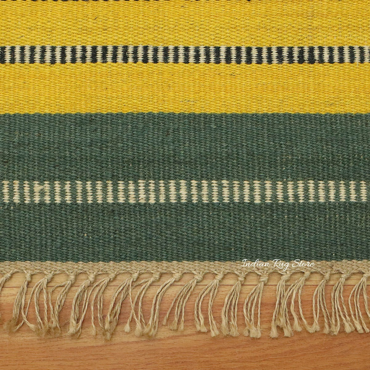 Hand Woven Traditional Geometric Yellow Green Outdoor Wool Jute Rug