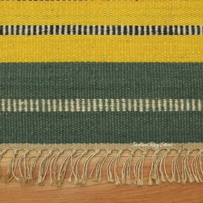 Hand Woven Traditional Geometric Yellow Green Outdoor Wool Jute Rug