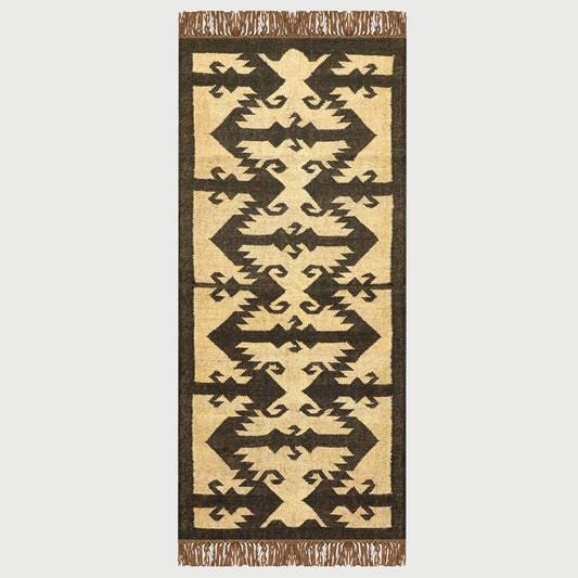 Indian Hand Woven Geometric Beige Dark Brown Wool Jute Rug - Indian Rug Store