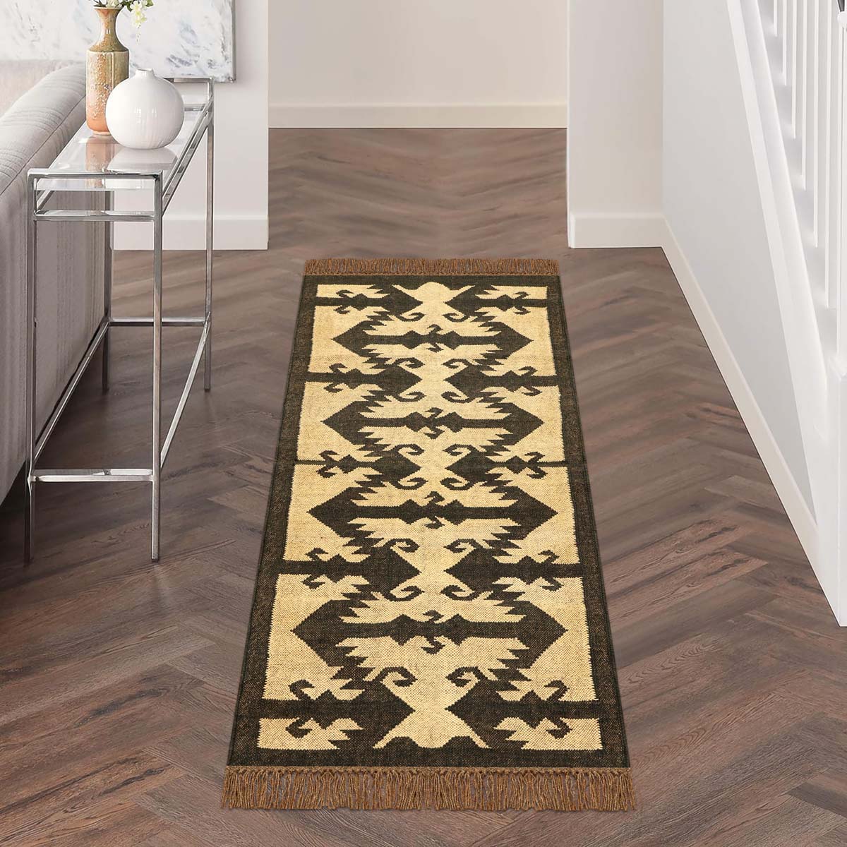 Indian Hand Woven Geometric Beige Dark Brown Wool Jute Rug - Indian Rug Store