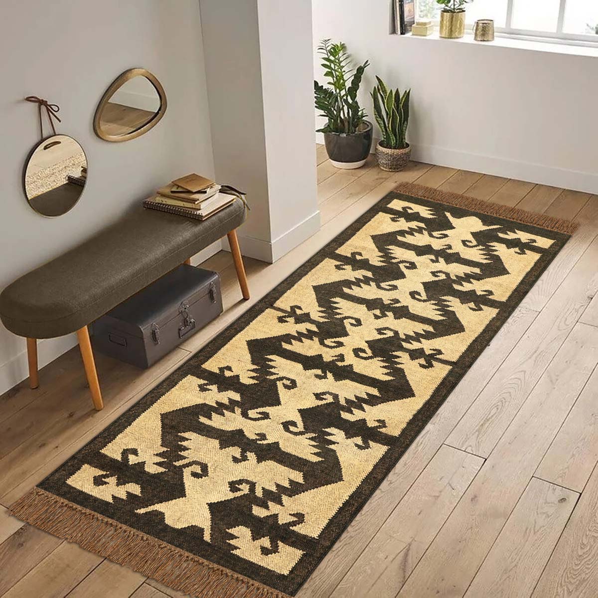 Indian Hand Woven Geometric Beige Dark Brown Wool Jute Rug - Indian Rug Store