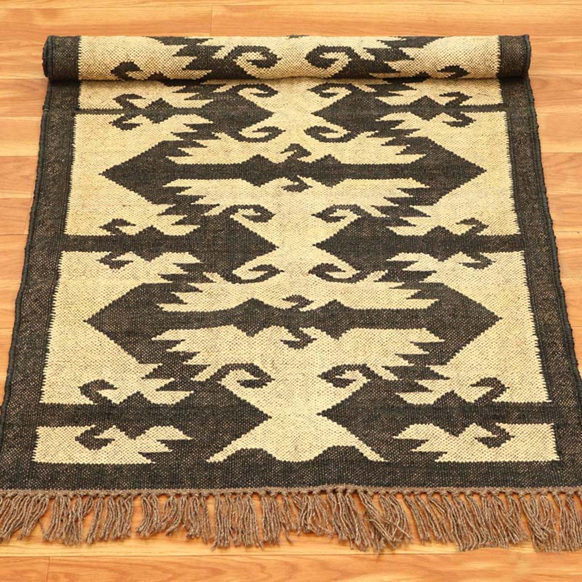 Indian Hand Woven Geometric Beige Dark Brown Wool Jute Rug - Indian Rug Store