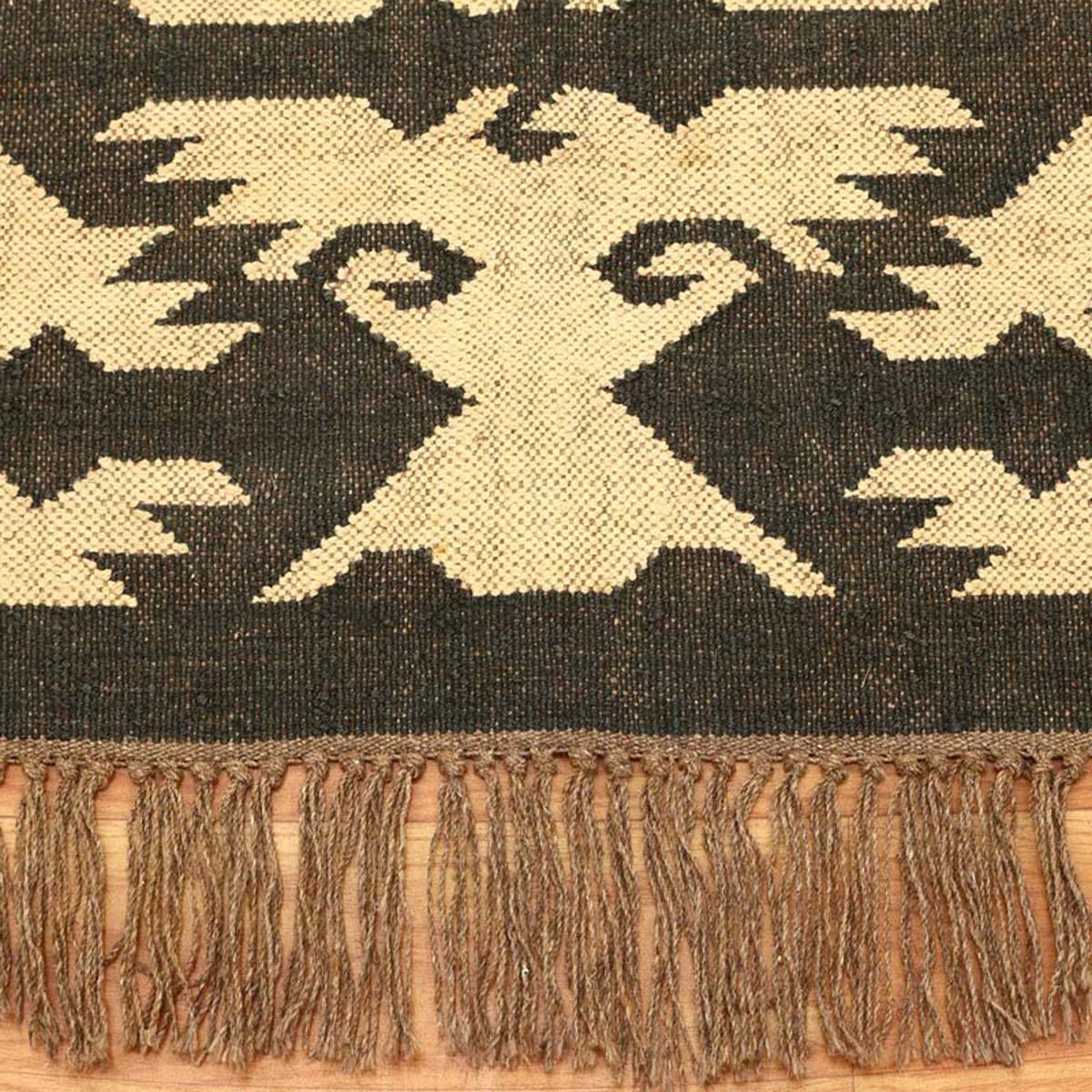 Indian Hand Woven Geometric Beige Dark Brown Wool Jute Rug - Indian Rug Store