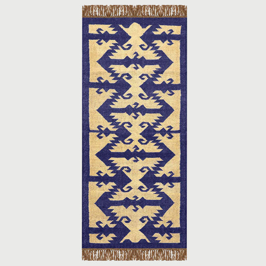 Indian Hand Woven Beige Navy Blue Dining Area Wool Jute Rug - Indian Rug Store