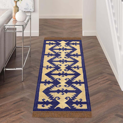 Indian Hand Woven Beige Navy Blue Dining Area Wool Jute Rug - Indian Rug Store