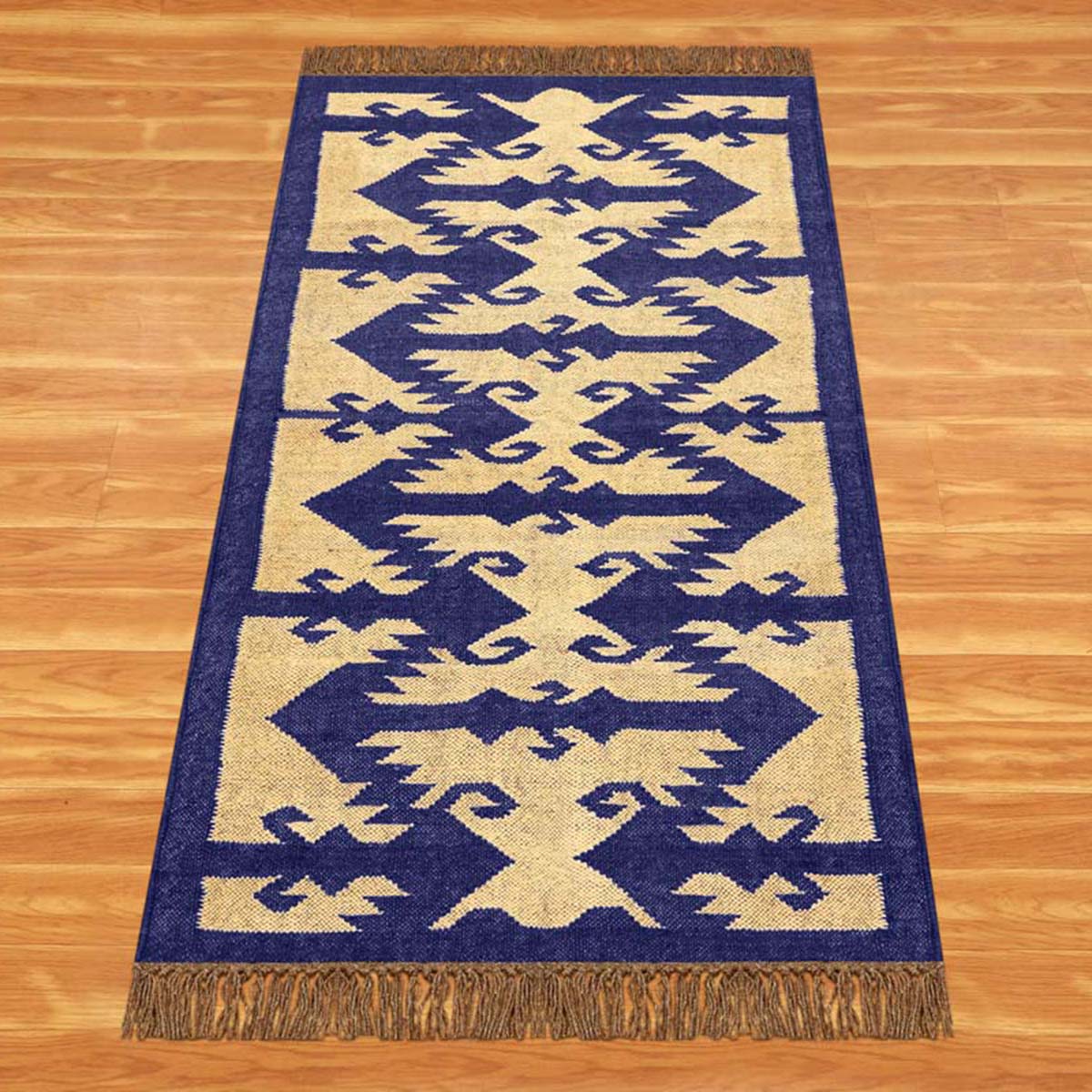 Indian Hand Woven Beige Navy Blue Dining Area Wool Jute Rug - Indian Rug Store