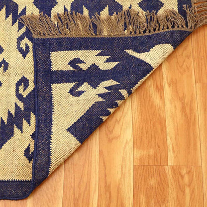 Indian Hand Woven Beige Navy Blue Dining Area Wool Jute Rug - Indian Rug Store