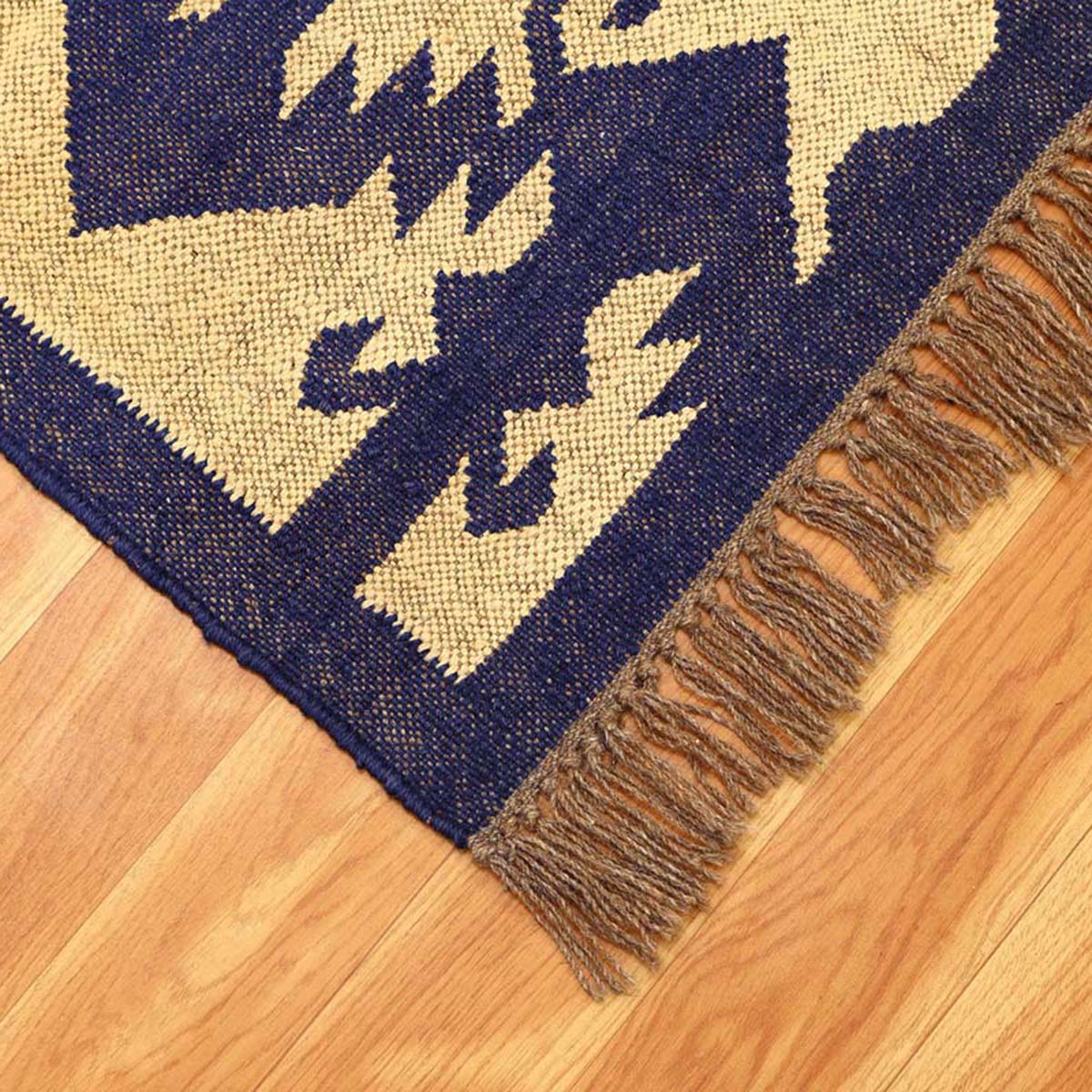 Indian Hand Woven Beige Navy Blue Dining Area Wool Jute Rug - Indian Rug Store