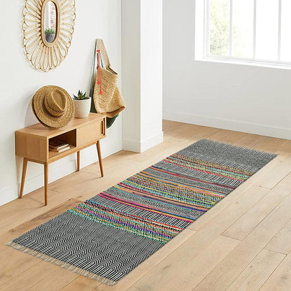 Oriental Hand Woven Black Multicolor Geometric Entrance Wool Jute Rug