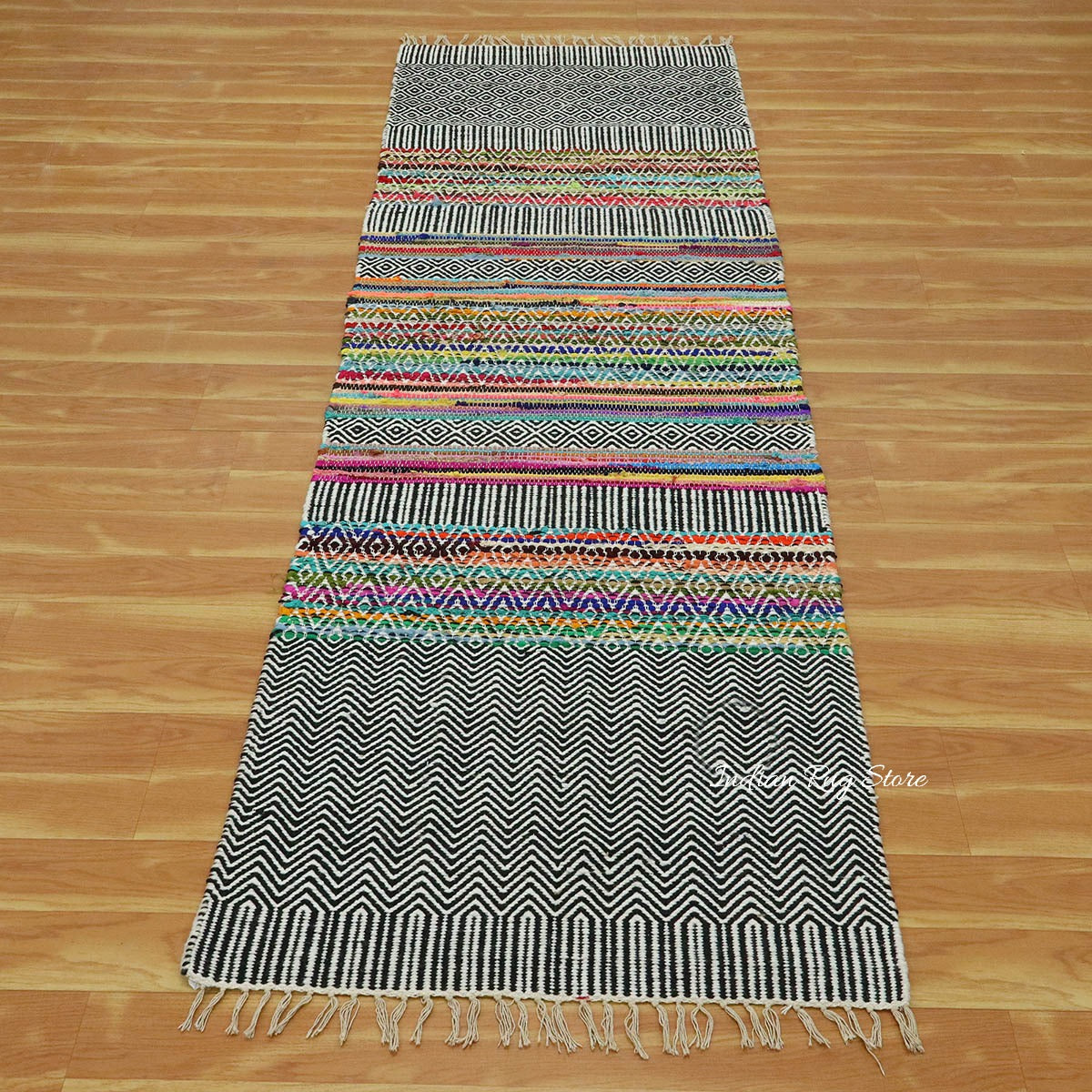 Oriental Hand Woven Black Multicolor Geometric Entrance Wool Jute Rug