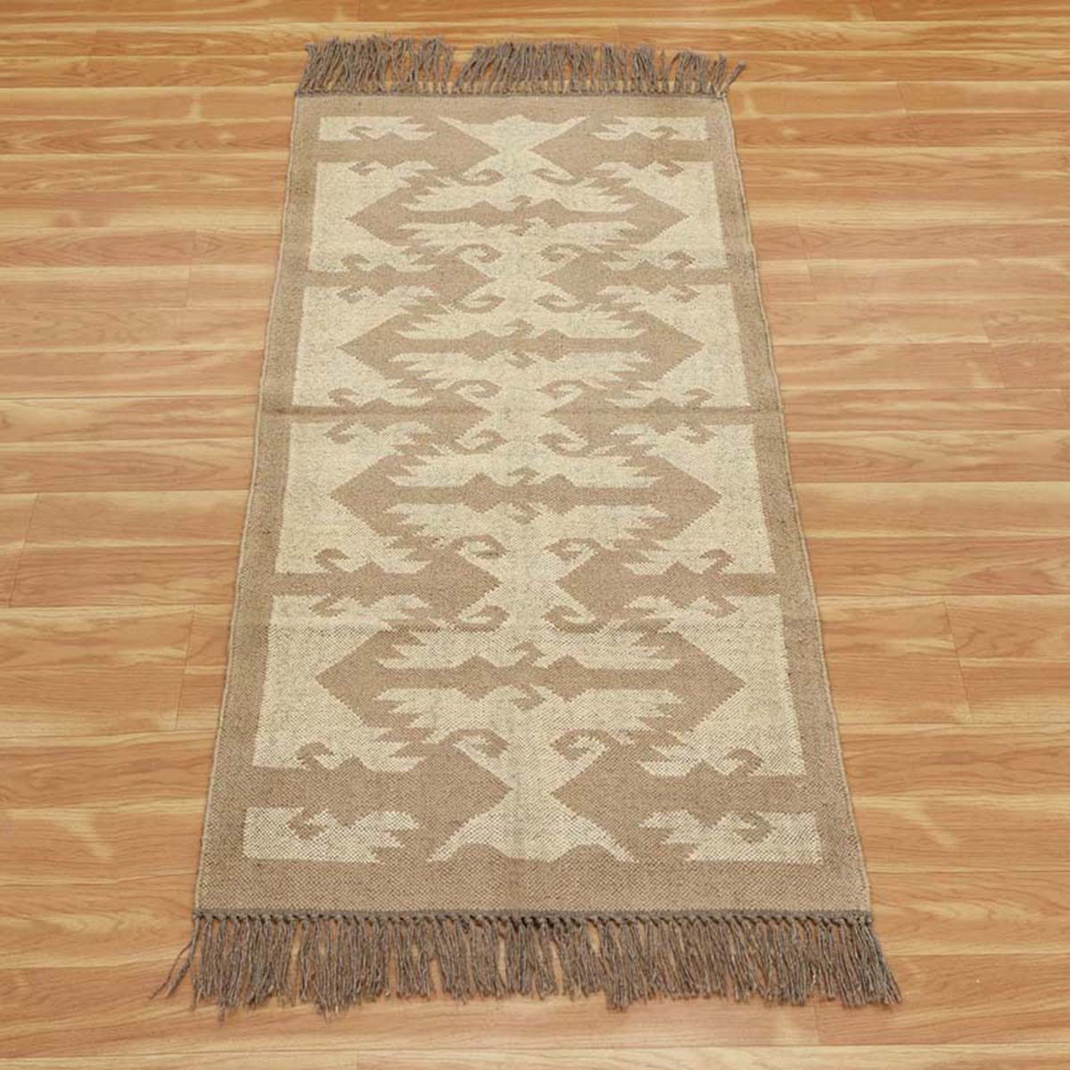 Indian Hand Woven Geometric Beige Brown Wool Jute Rug - Indian Rug Store