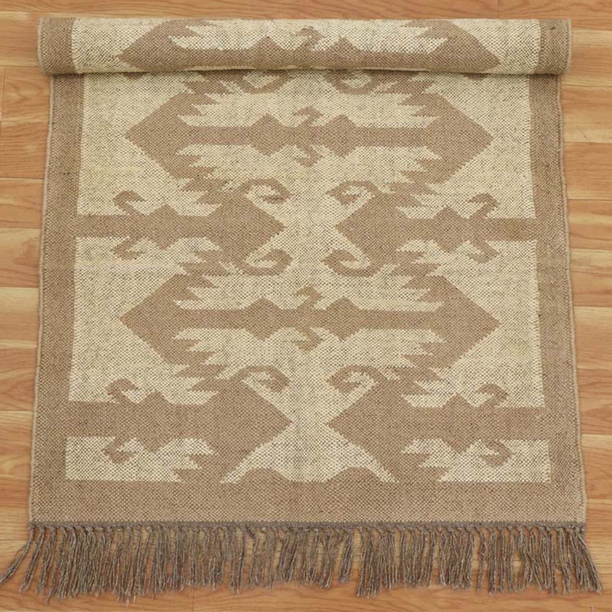 Indian Hand Woven Geometric Beige Brown Wool Jute Rug - Indian Rug Store