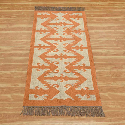 Indian Hand Woven Beige Orange Wool Dining Area Rug - Indian Rug Store