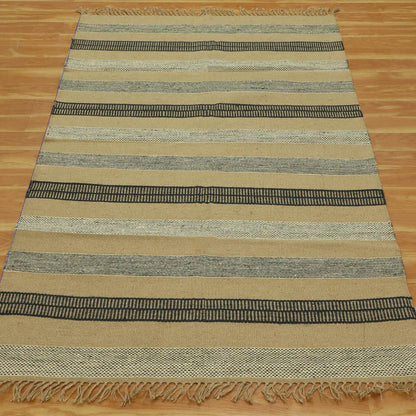 Attractive Hand Woven Geometric Entrance Black Beige Wool Jute Rug