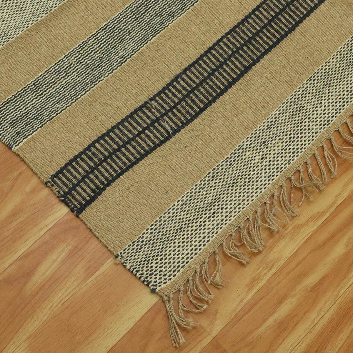 Attractive Hand Woven Geometric Entrance Black Beige Wool Jute Rug