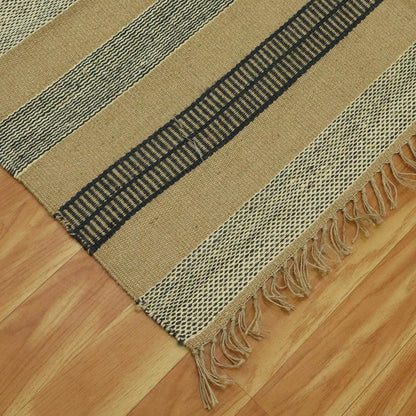 Attractive Hand Woven Geometric Entrance Black Beige Wool Jute Rug