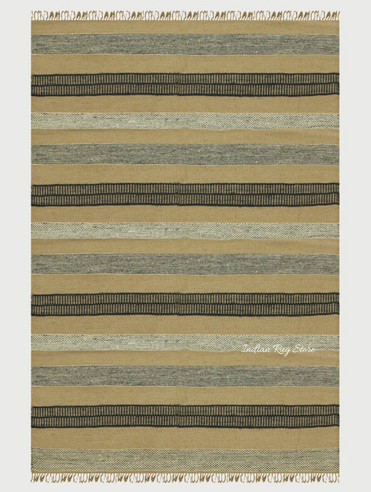 Attractive Hand Woven Geometric Entrance Black Beige Wool Jute Rug