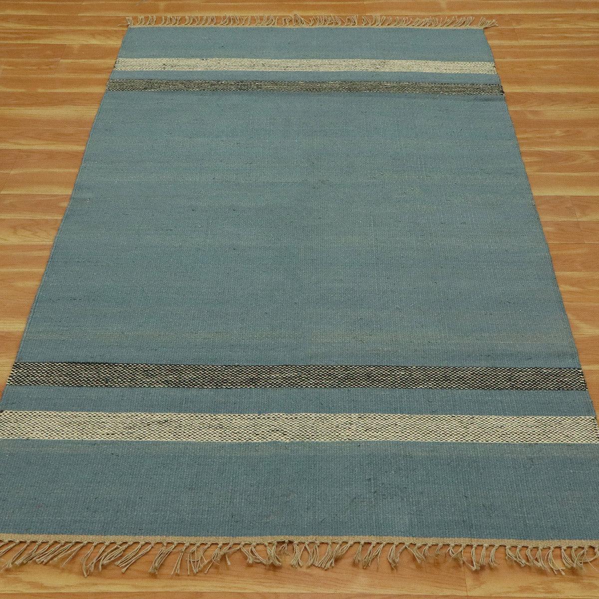 Traditional Hand Woven Geometric Blue Black Home Decor Wool Jute Rug