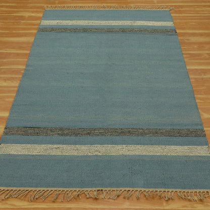 Traditional Hand Woven Geometric Blue Black Home Decor Wool Jute Rug