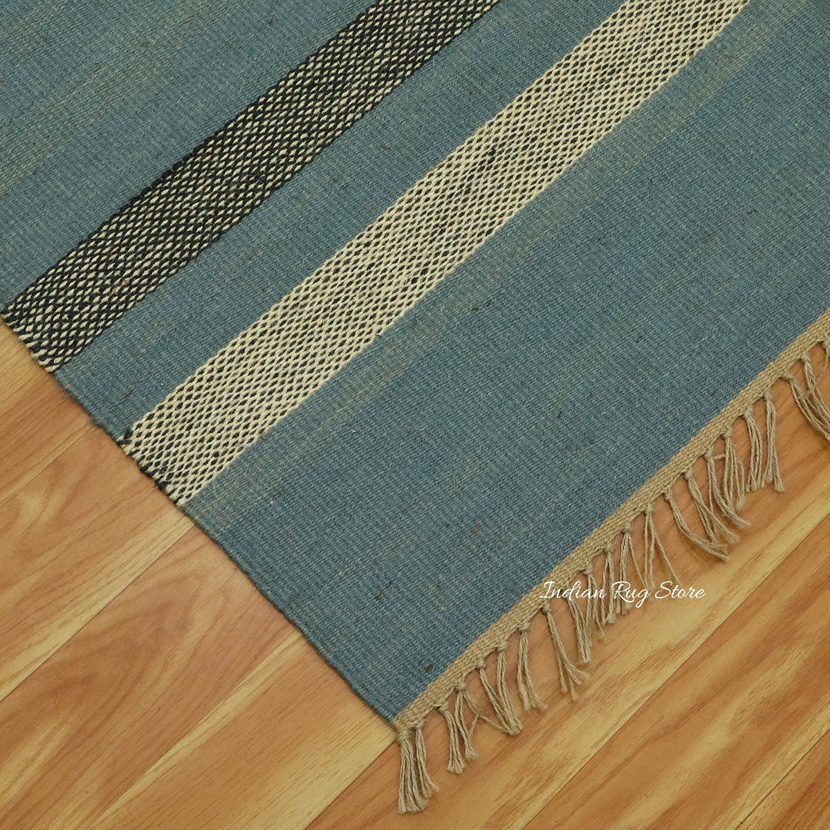 Traditional Hand Woven Geometric Blue Black Home Decor Wool Jute Rug