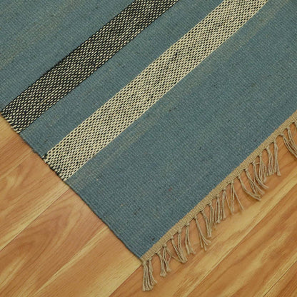 Traditional Hand Woven Geometric Blue Black Home Decor Wool Jute Rug