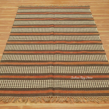 Trendy Hand Woven Geometric Red Brown Bedroom Decor Wool Jute Rug