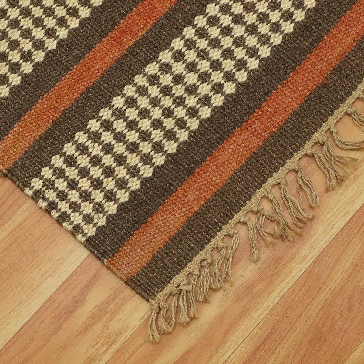 Trendy Hand Woven Geometric Red Brown Bedroom Decor Wool Jute Rug