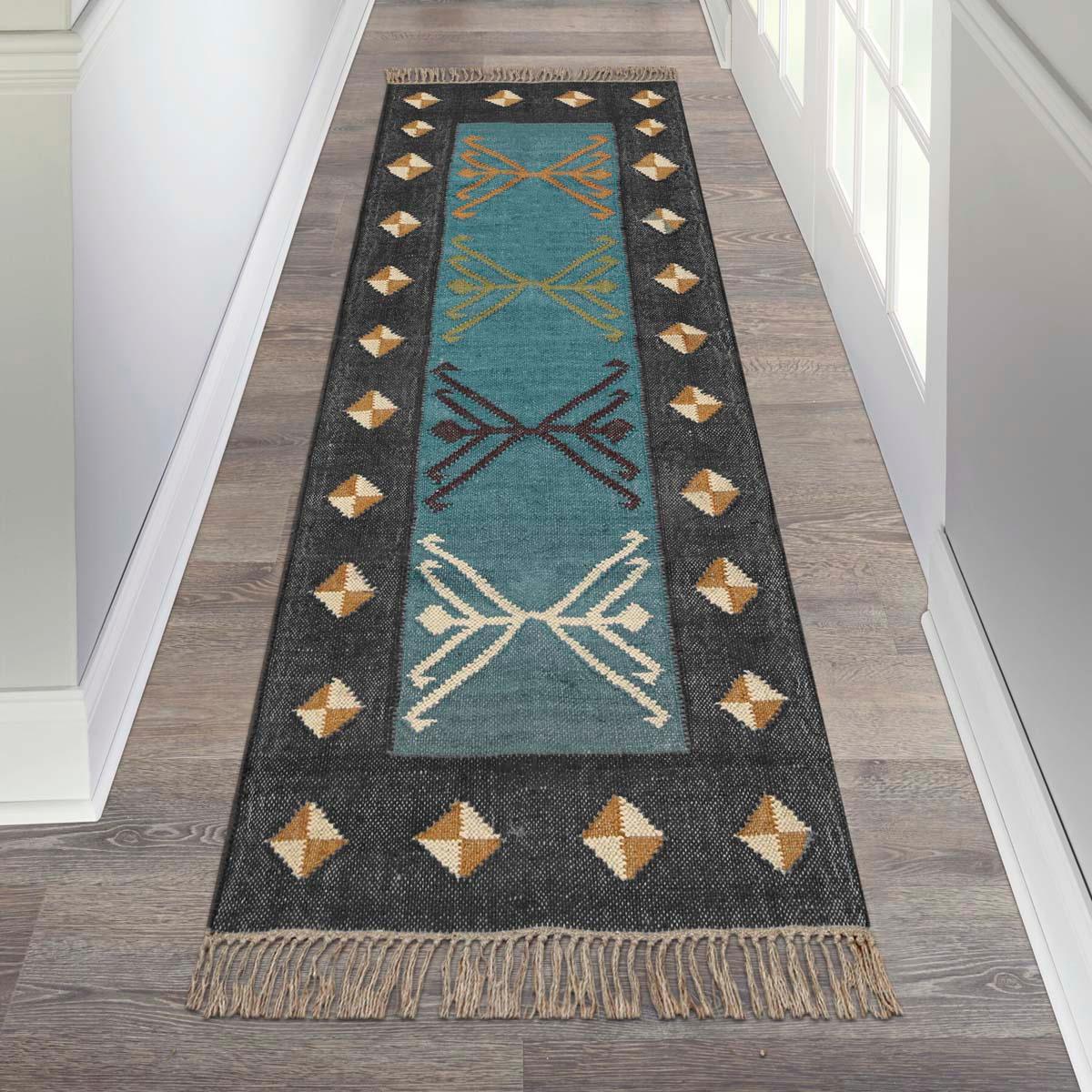 Indian Hand Woven Jute Kilim Runner Gray Multicolor Kitchen Rug - Indian Rug Store