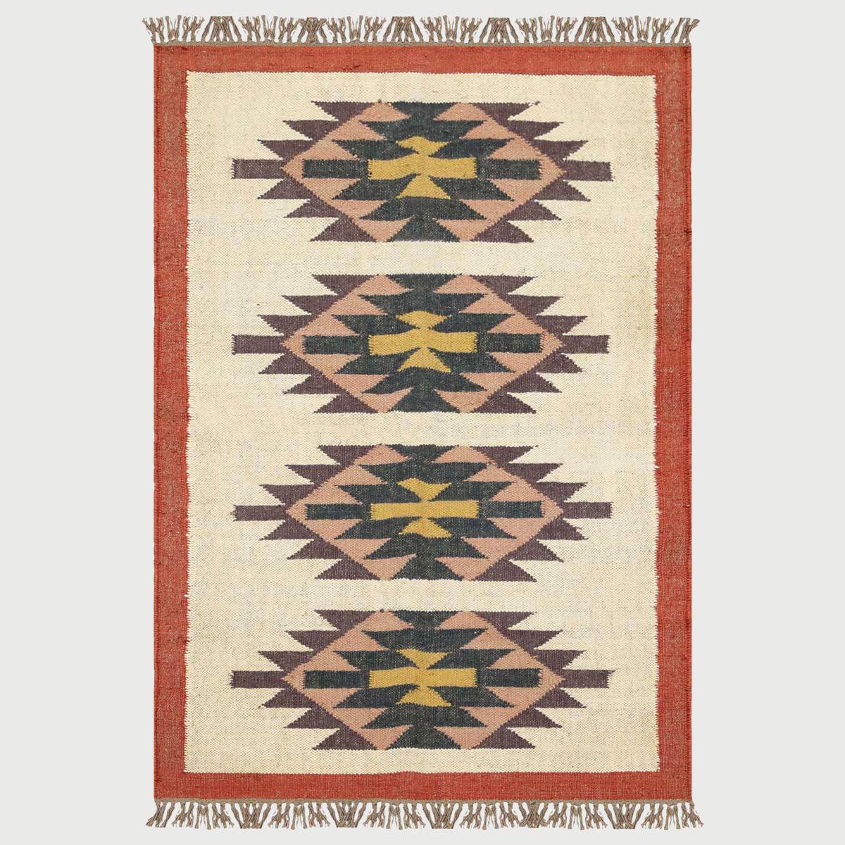 Indian Hand Woven Geometric Beige Multicolor Wool Jute Rug - Indian Rug Store