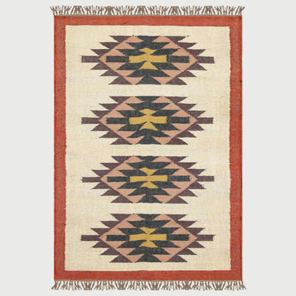 Indian Hand Woven Geometric Beige Multicolor Wool Jute Rug - Indian Rug Store