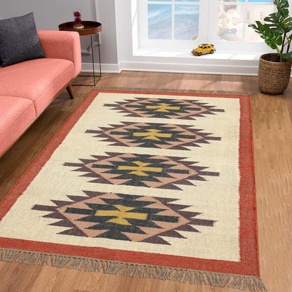 Indian Hand Woven Geometric Beige Multicolor Wool Jute Rug - Indian Rug Store