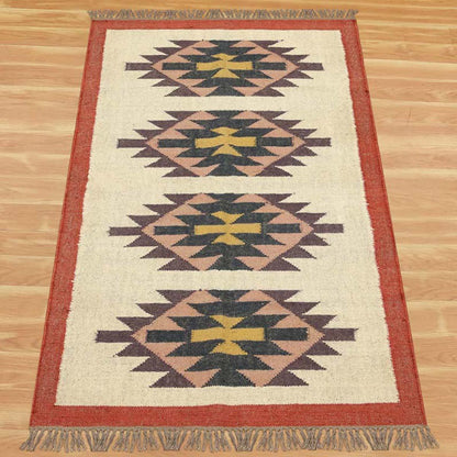 Indian Hand Woven Geometric Beige Multicolor Wool Jute Rug - Indian Rug Store