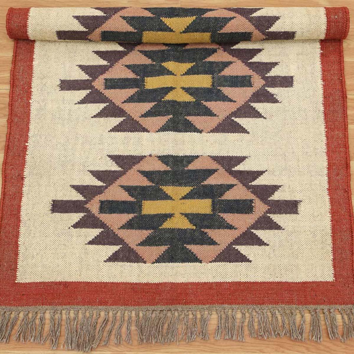 Indian Hand Woven Geometric Beige Multicolor Wool Jute Rug - Indian Rug Store